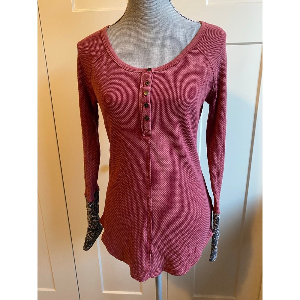 Free People Shirt Thermo V Neck Knit Cuff Small Alpine Henley Top sku45